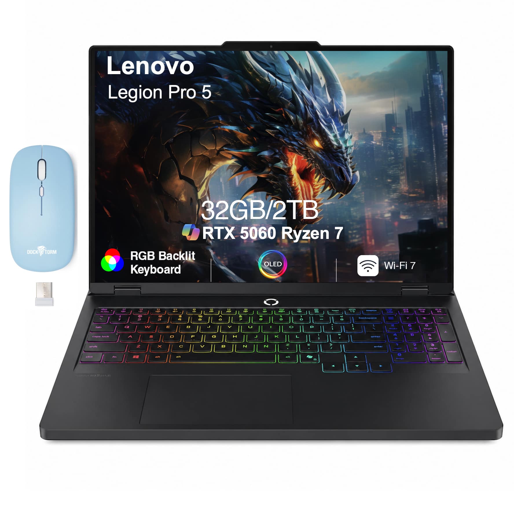 Lenovo - Upgraded - Legion Pro 5 Laptop 16.0 WQXGA Display (Ryzen 7 8745HX, 32GB, 2TB SSD, Win 11 Pro) w/Dockztorm Wireless Mouse - Eclipse Black