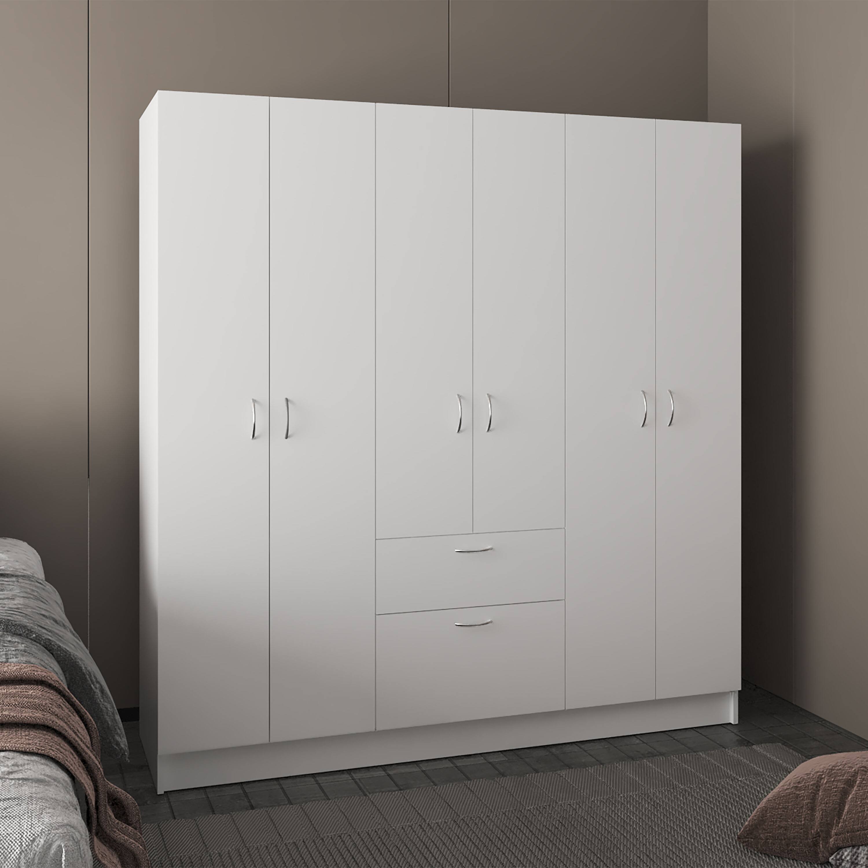 Angle. TuHome - Mitu Six Doors Armoire, Seven Interior Shelves, One Drawer, Rod - White.