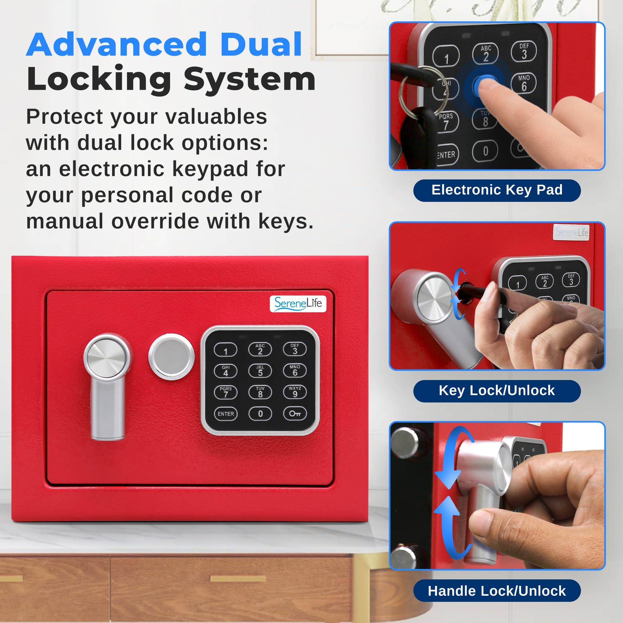 Advanced Dual Locking System

Protect your valuables with dual lock options: an electronic keypad for your personal code or manual override with keys.

Electronic Key Pad

Key Lock/Unlock

Handle Lock/Unlock