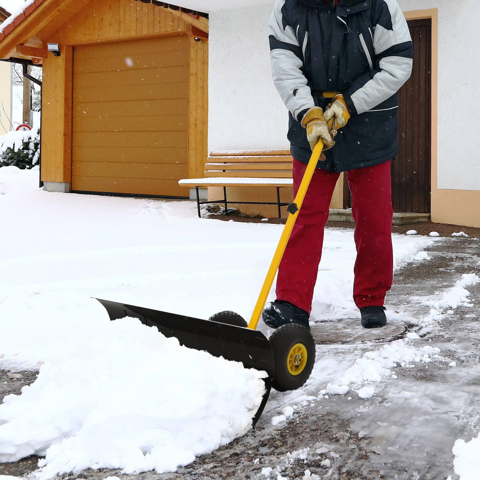 Alt View 1. Outsunny - Snow Shovel, Rolling Pusher with 29" Blade - Yellow/Black.