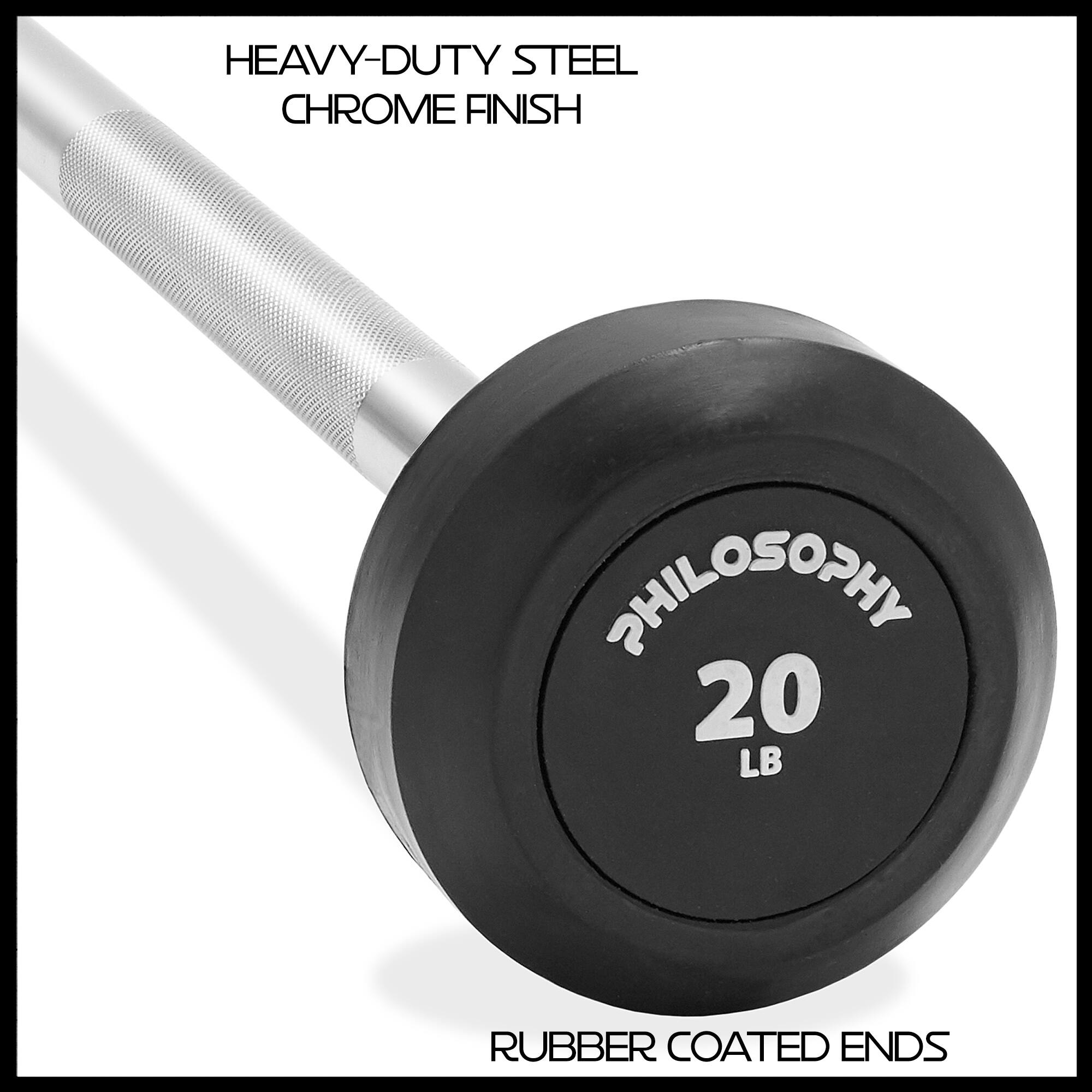 HEAVY-DUTY STEEL  
CHROME FINISH  

PHILOSOPHY  
20 LB  

RUBBER COATED ENDS