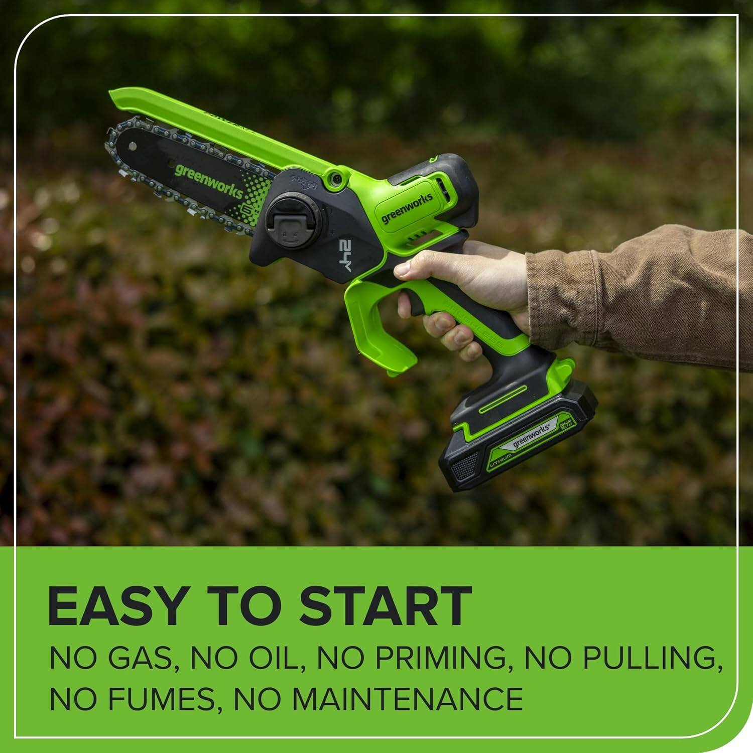 greenworks 2505g  
greenworks  
EASY TO START  
NO GAS, NO OIL, NO PRIMING, NO PULLING, NO FUMES, NO MAINTENANCE