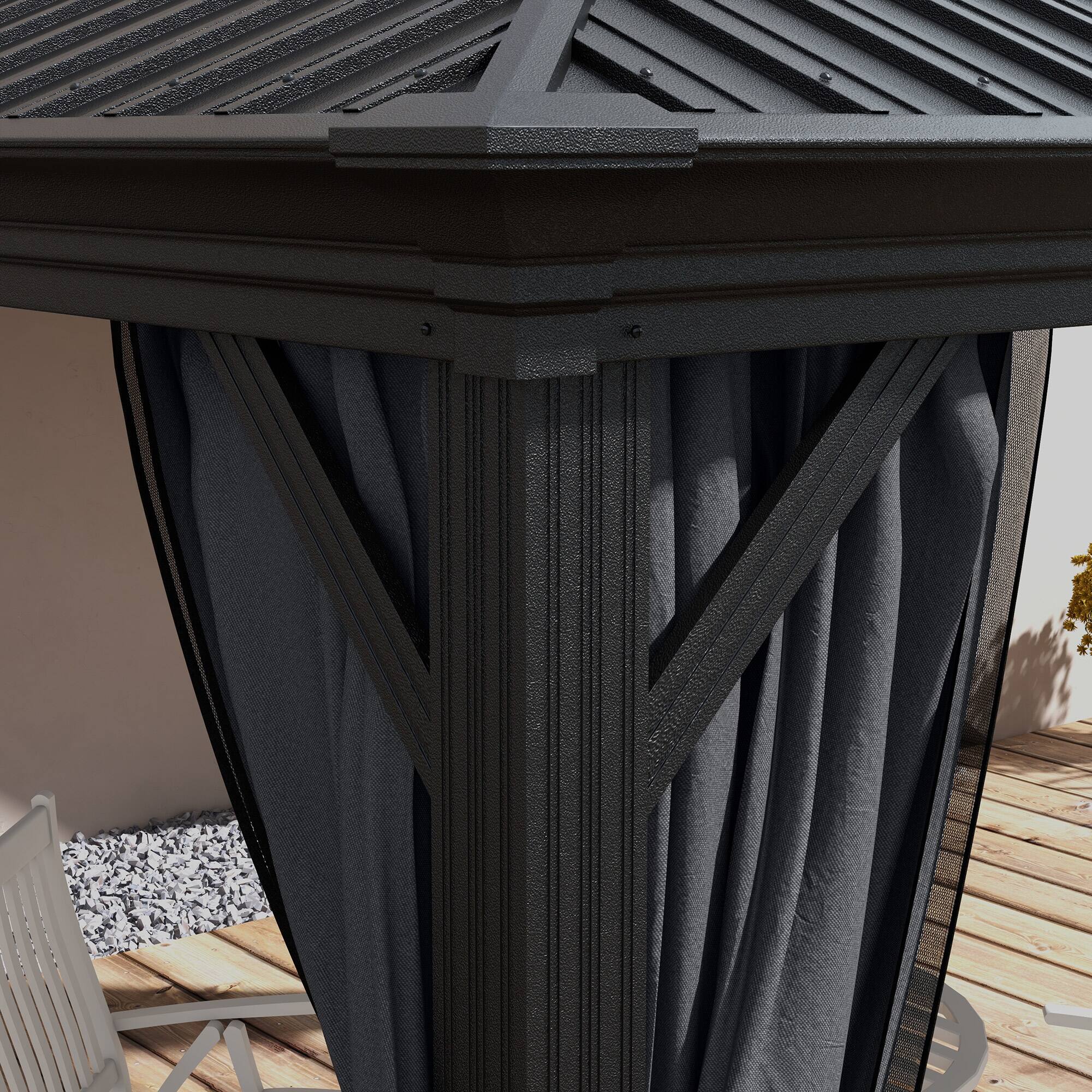 Alt View 8. Outsunny - 10' x 12' Hardtop Gazebo with Curtains and Netting, Permanent Pavilion Metal Double Roof Gazebo Canopy - Dark Gray.