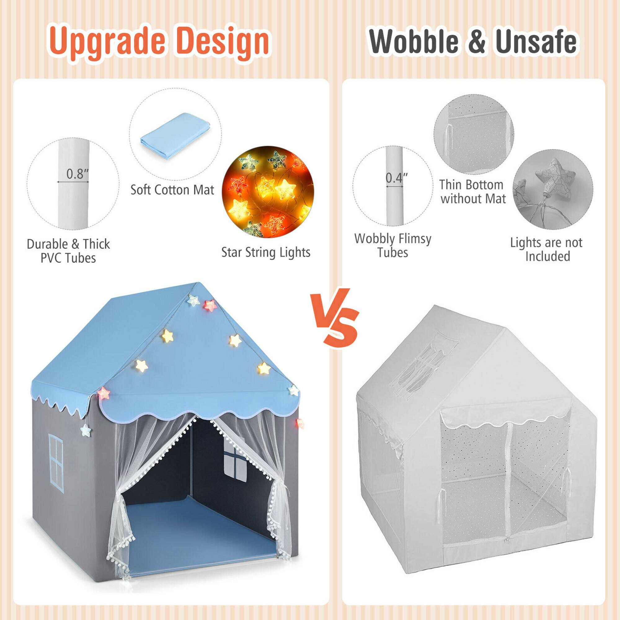 Upgrade Design

- Durable & Thick PVC Tubes
- 0.8" Soft Cotton Mat
- Star String Lights

Wobble & Unsafe

- 0.4" Thin Bottom without Mat
- Wobbly Flimsy Tubes
- Lights are not Included