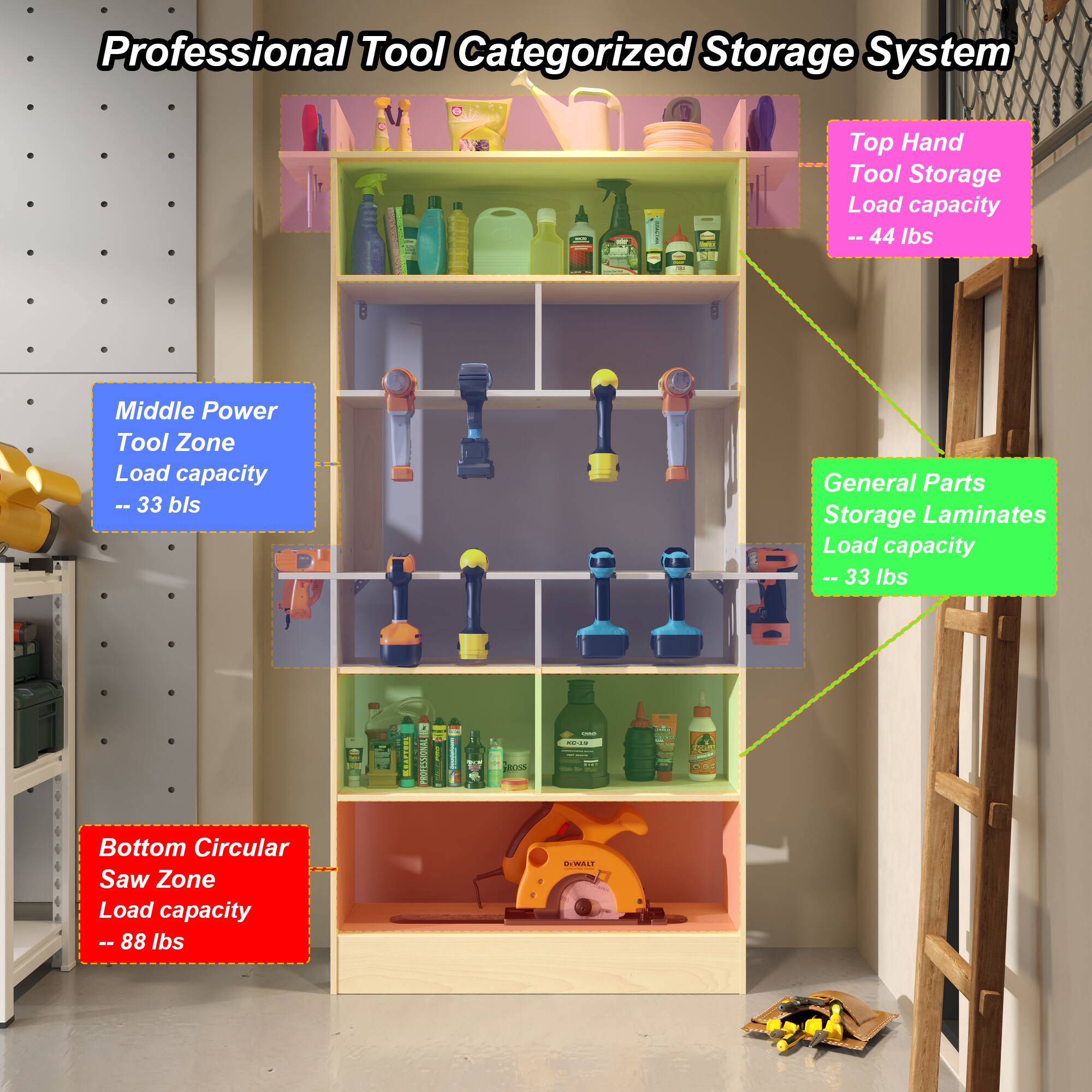 Professional Tool Categorized Storage System

- Top Hand Tool Storage
  - Load capacity: 44 lbs

- Middle Power Tool Zone
  - Load capacity: 33 lbs

- General Parts Storage Laminates
  - Load capacity: 33 lbs

- Bottom Circular Saw Zone
  - Load capacity: 88 lbs