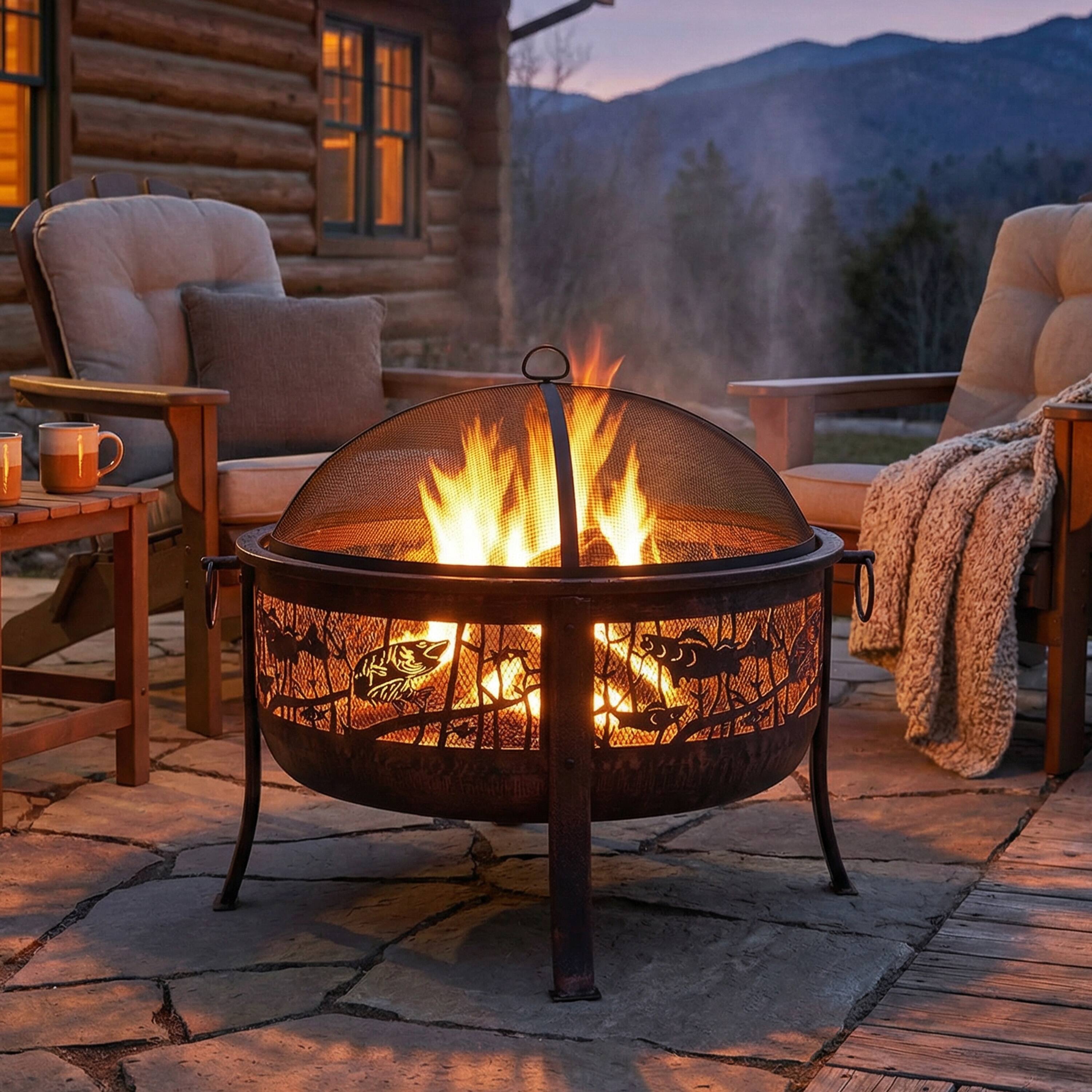 Alt View 9. Sunnydaze - 30 in Northwoods Fishing Steel Fire Pit with Spark Screen - Bronze.