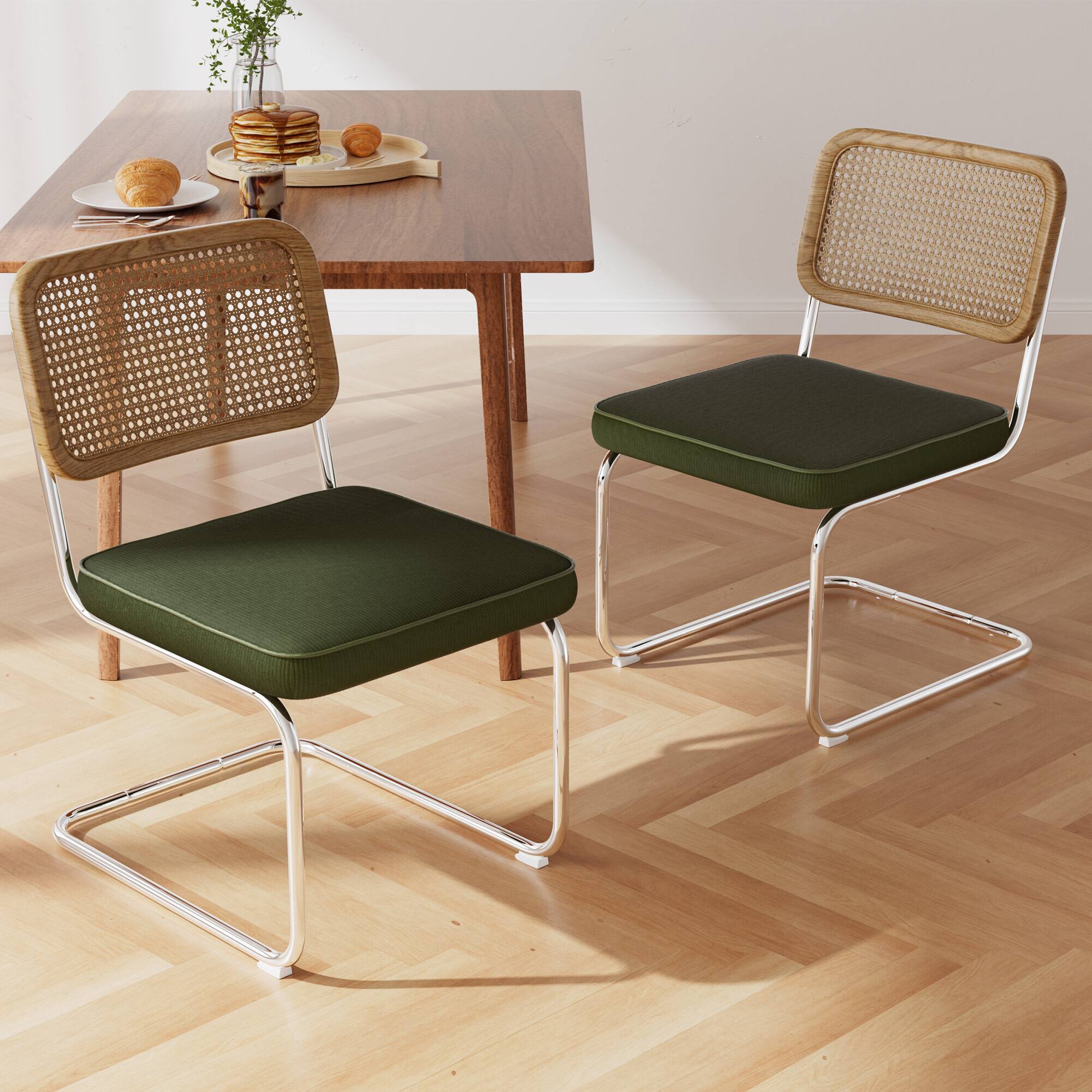 Alt View 2. KERDOM - Rattan Dining Chairs 2 Pcs Set, Mid-Century Style Velvet, Minimalist Cantilever Seat, Farmhouse Boho Garden Accent Chair - Green.