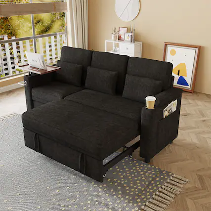 Front. Anysun - 83" Chenille Fabric Foldable Sofa Bed with Electric Recliner, Adjustable Backrest, Table Board, Armrest Storage - Black.