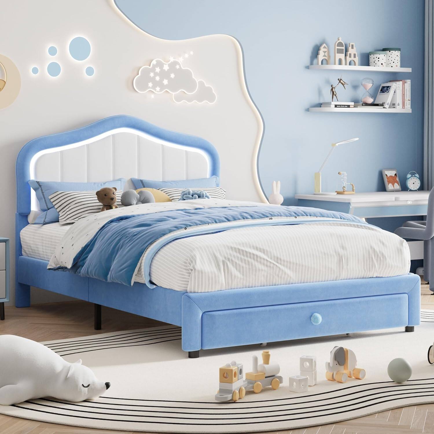 Left. Jojoka - Full Bed Frame with Storage Drawer & Smart LED Headboard, Princess Platform, Blue/White Velvet, Easy Assembly - Blue.