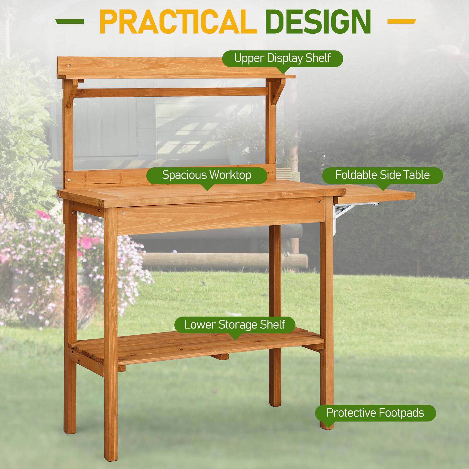 PRACTICAL DESIGN

- Upper Display Shelf
- Spacious Worktop
- Foldable Side Table
- Lower Storage Shelf
- Protective Footpads