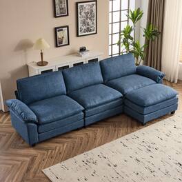 Winado - Coarse Cotton L-Shaped Sectional Modular Deep Seat Sofa Couch with Footstool for Living Room Apartment, Studio, Office - Blue