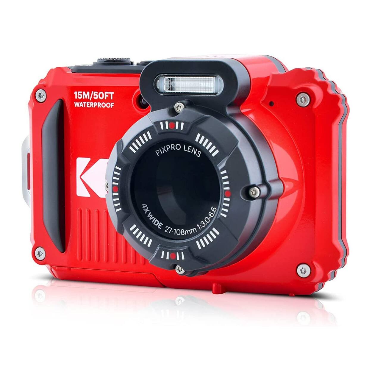 The image features a red camera with a black lens. The camera is waterproof and has a 15M/50FT waterproof rating. The lens is a Pixpro lens with a 4x wide-angle, providing a focal length of 1:3.0-6.6 and a range of 27-108mm.