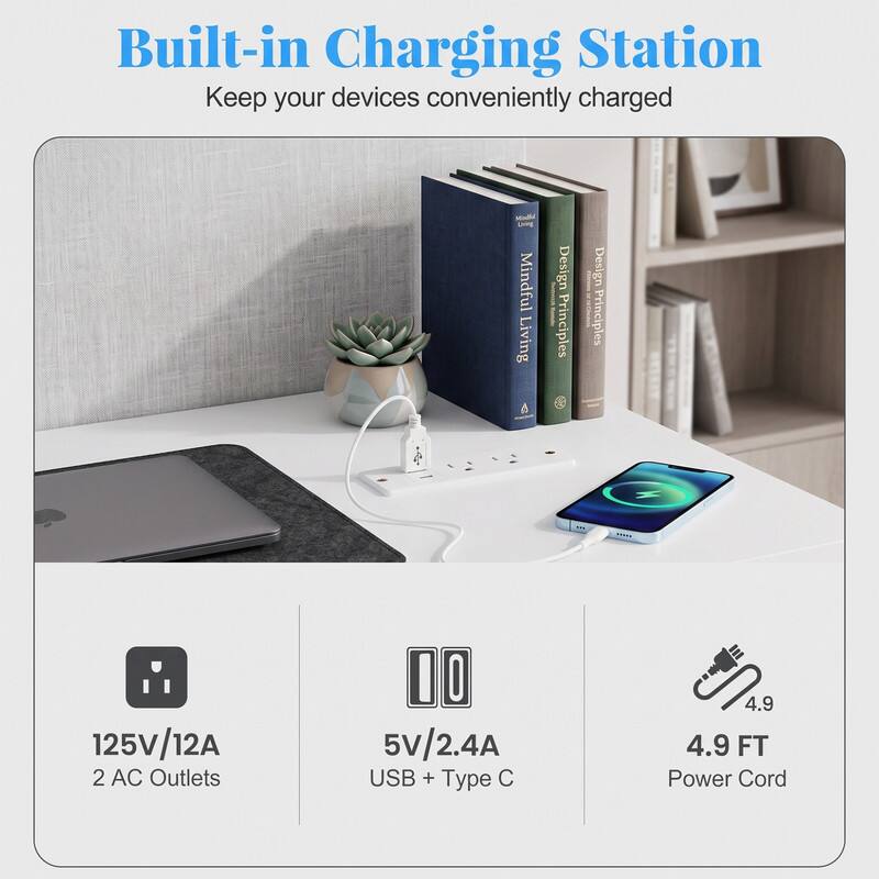Built-in Charging Station  
Keep your devices conveniently charged  

Mindful Living Design  
Design Principles  

125V/12A  
2 AC Outlets  
5V/2.4A USB + Type C  
4.9 FT Power Cord