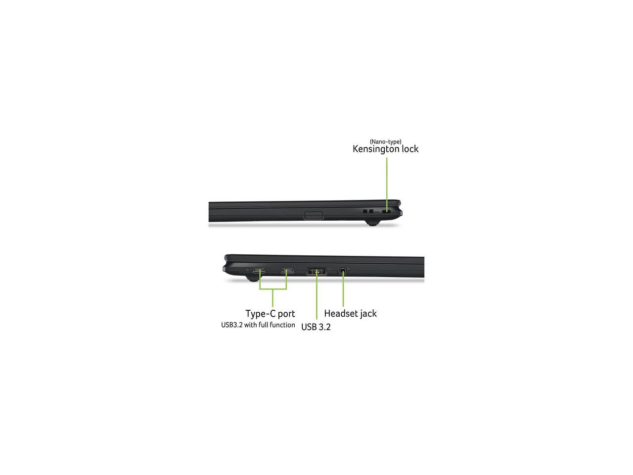 Nano-type) Kensington lock  
Type-C port  
Headset jack  
USB3.2 with full function  
USB 3.2