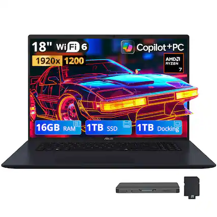 18" Wi-Fi 6
1920x 1200
Copilot + PC
AMD Ryzen 7
16GB RAM
1TB SSD
1TB Docking
ASUS