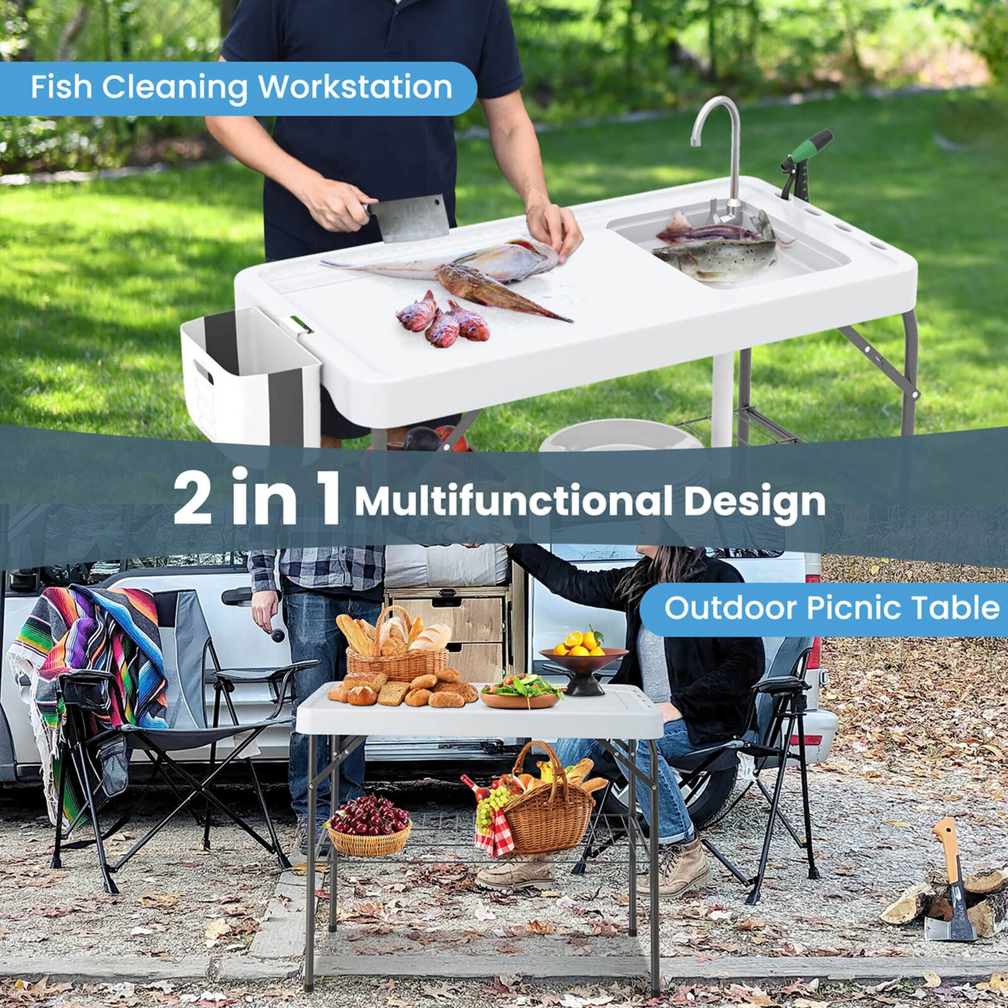 Fish Cleaning Workstation  
2 in 1 Multifunctional Design  
Outdoor Picnic Table