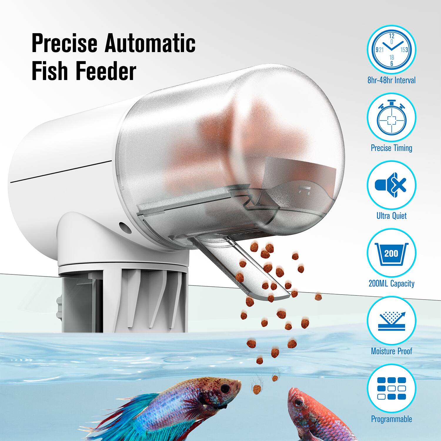 Precise Automatic Fish Feeder

- 8hr-48hr Interval
- Precise Timing
- Ultra Quiet
- 200ML Capacity
- Moisture Proof
- Programmable