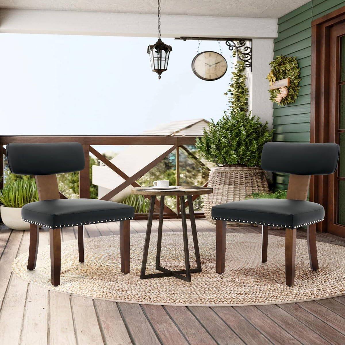 Front. Acekool - 2-Pack Mid-Century Modern Upholstered Dining Chairs - Farmhouse PU Leather Padded, Hardwood Frame with Curved - Black.