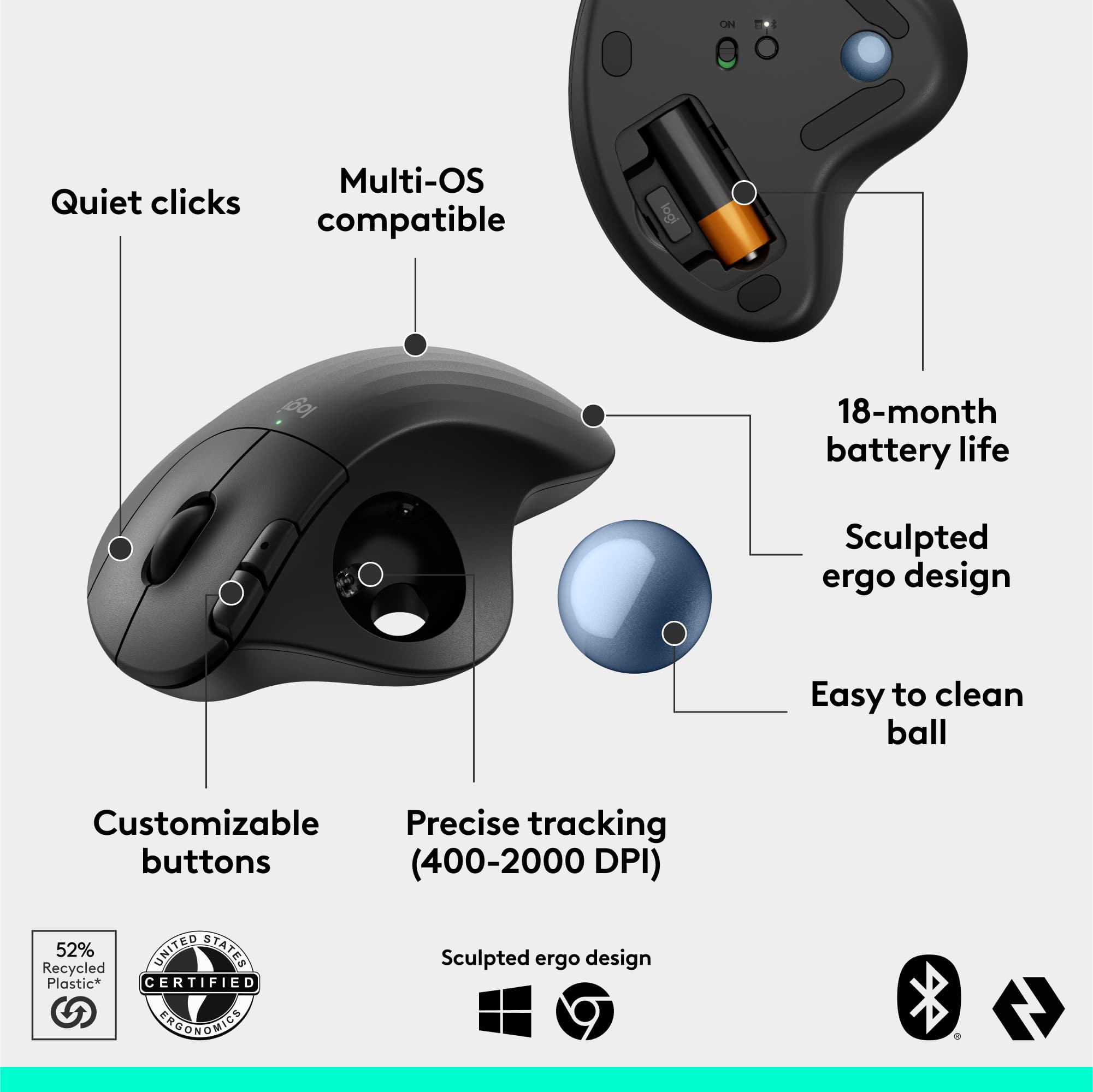 The image features a computer mouse with a sculpted ergonomic design, which is compatible with both Windows and Mac operating systems. The mouse has a quiet click feature, making it suitable for use in quiet environments. It has an 18-month battery life and customizable buttons, offering a precise tracking experience. The mouse is easy to clean and made with recycled plastic, contributing to a more environmentally friendly product.