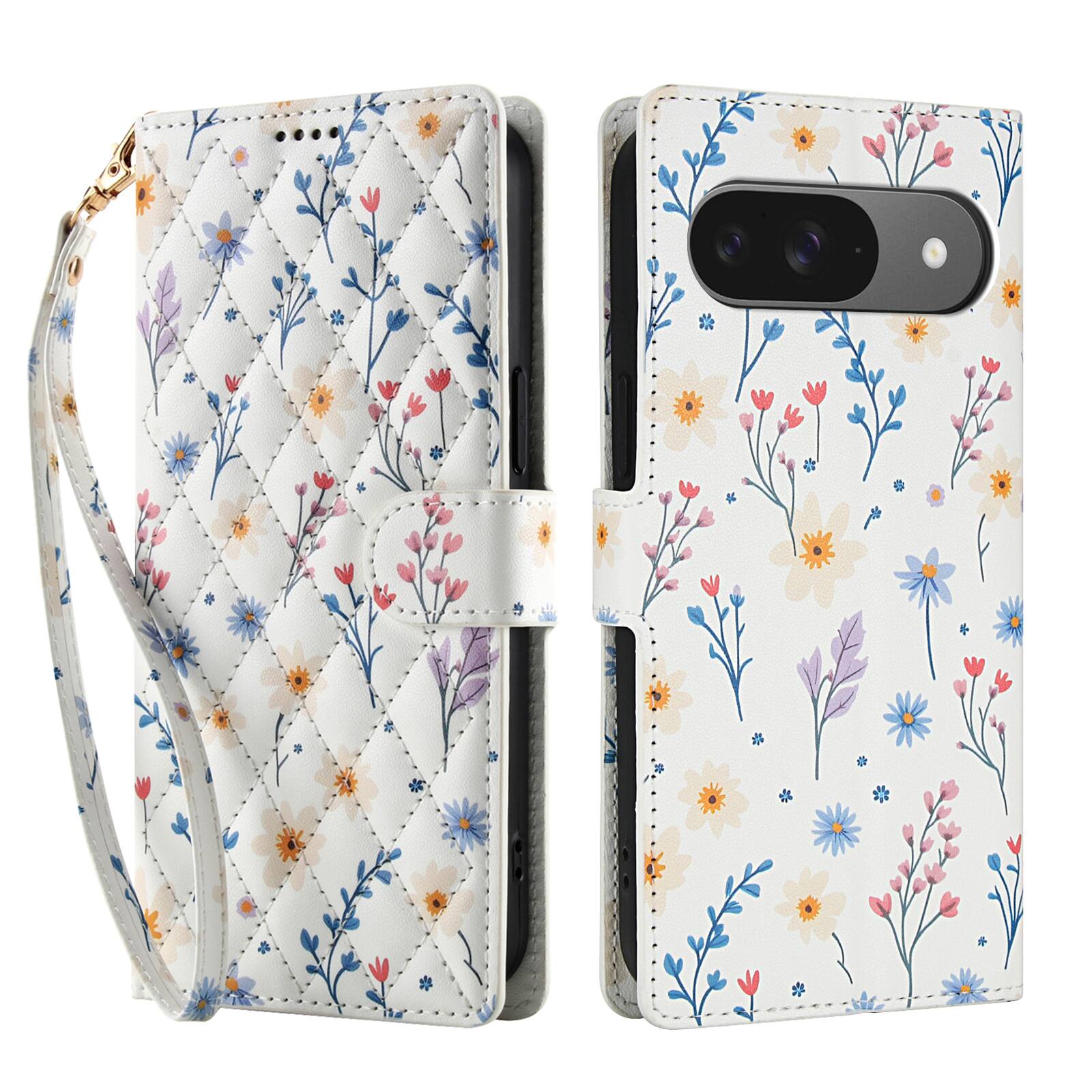 Angle. Dteck - Floral Wallet Phone Case for Google Pixel 10 Pro with Wrist Strap, Premium PU Leather Shockproof Protective Flip Cover - E.