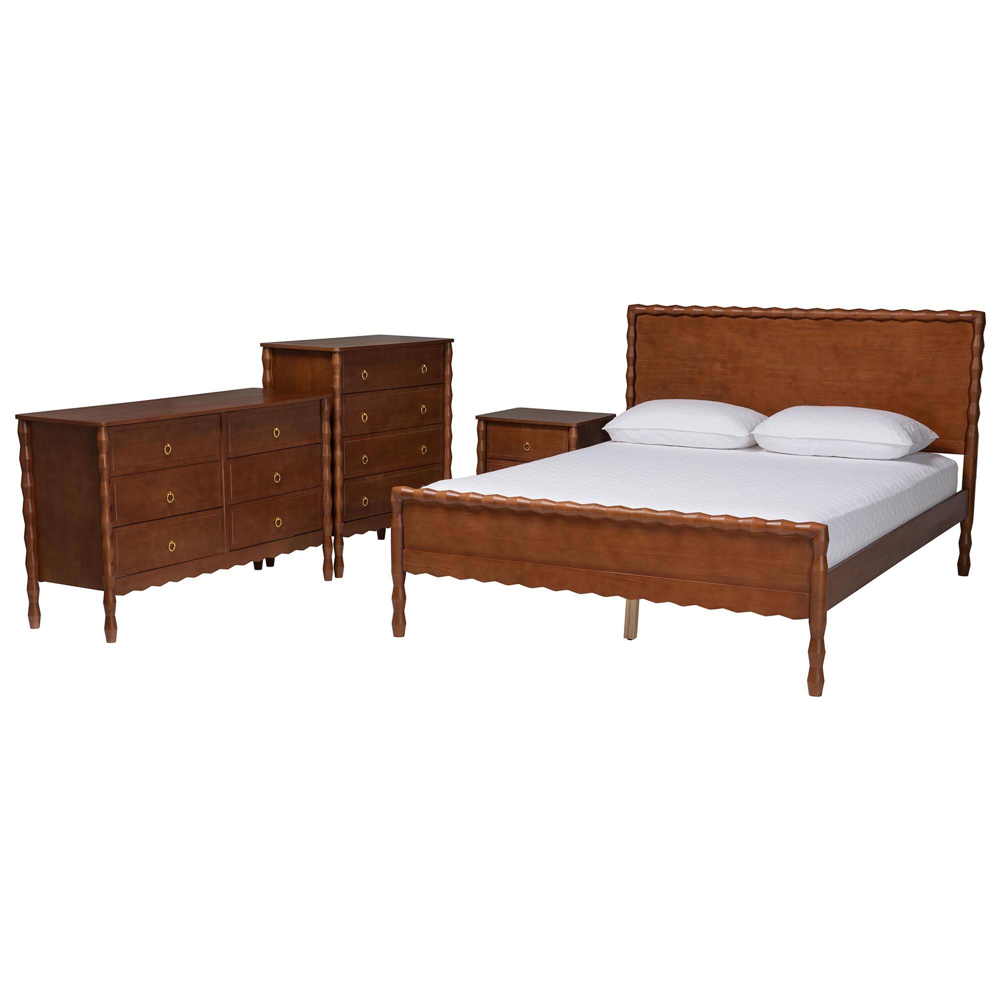 Baxton Studio - Seamus 4-Piece Bedroom Set with 1 Nightstand, Queen - Walnut Brown