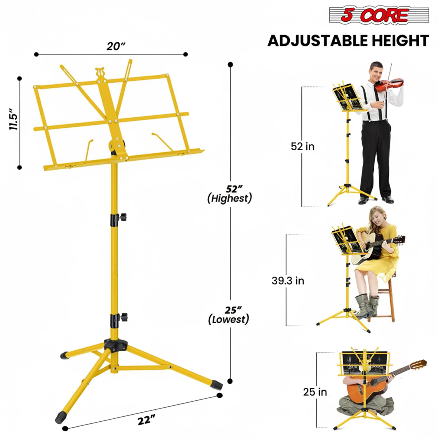 5 CORE  
ADJUSTABLE HEIGHT  

20"  
11.5"  
52" (Highest)  
39.3 in  
25" (Lowest)  
22"