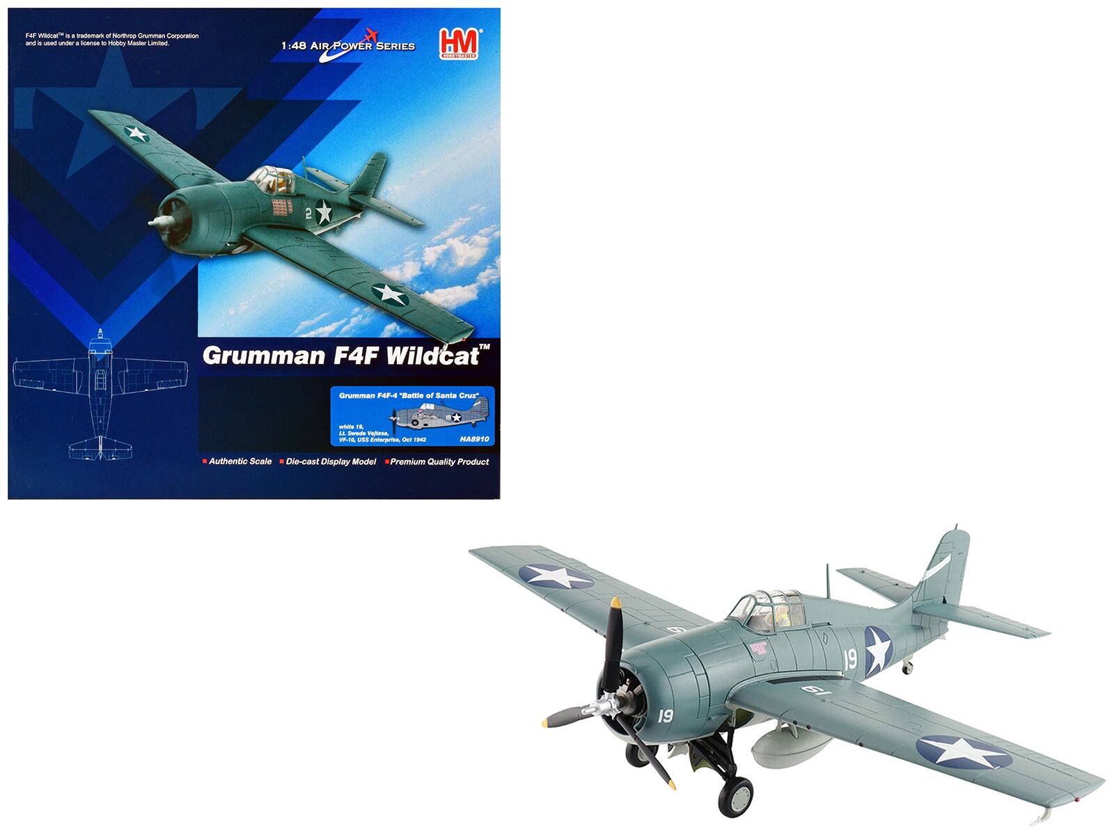 1:48 AIR-POWER SERIES
HM
Grumman F4F "Wildcat"
Grumman F4F-4 "Battle of Santa Cruz"
White 19, USS Enterprise, Oct 1942
HA8910
Authentic Scale
Die-cast Display Model
Premium Quality Product
Far "Wildcat" is a trademark of Northrop Grumman Corporation and is used under license to Hobby Master Limited.