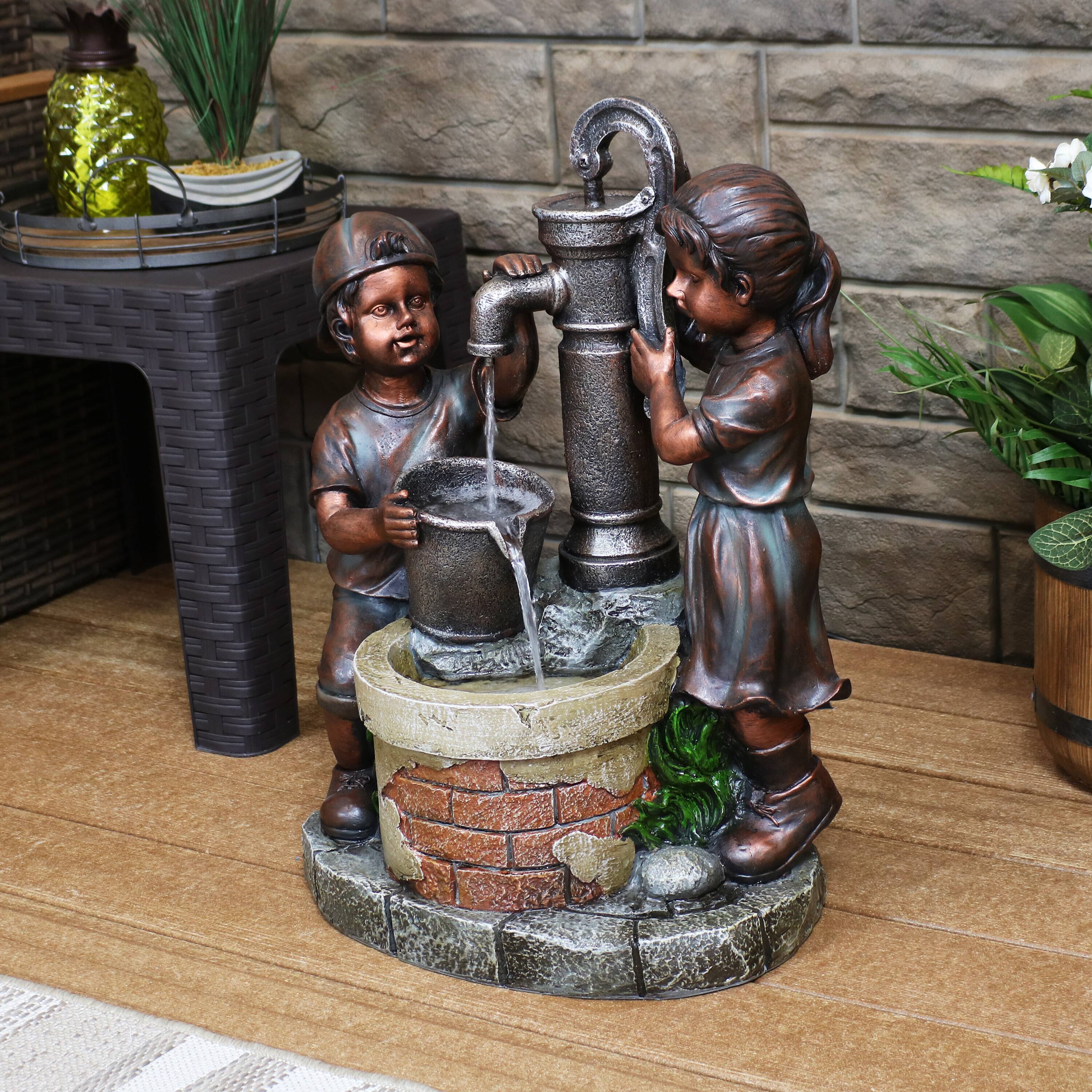 Alt View 4. Sunnydaze - Jack and Jill at Water Pump and Well Water Fountain - 24 in - Bronze.