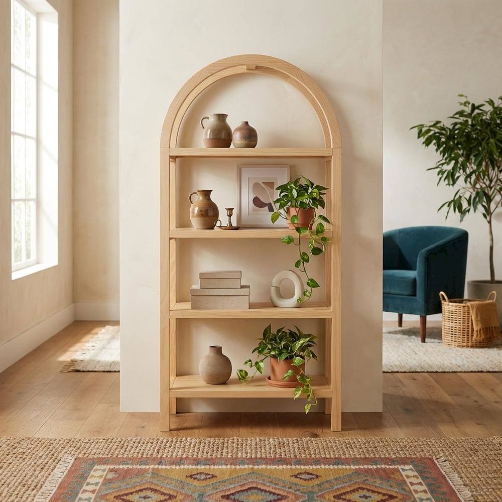 Left. FurniFact - 60-Inch Arched Bookshelf in Warm Oak Finish with Multiple Shelves - Brown.