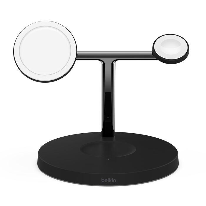 Left. Belkin - BoostCharge Pro 3-in-1 Wireless Charger with MagSafe, 15W - Black.