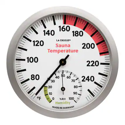 160 140 180
LA CROSSE
Sauna
Temperature
120 200
100 220
80 240
50 60
40 70
30 80
20 90
10 100
%RH
Humidity
MADE IN GERMANY
