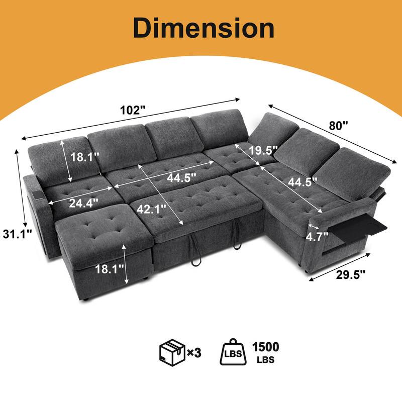 Dimension  
102" x 80" x 31.1" x 18.1" x 44.5" x 44.5" x 24.4" x 42.1" x 19.5" x 4.7" x 29.5"  
x3 1500 LBS