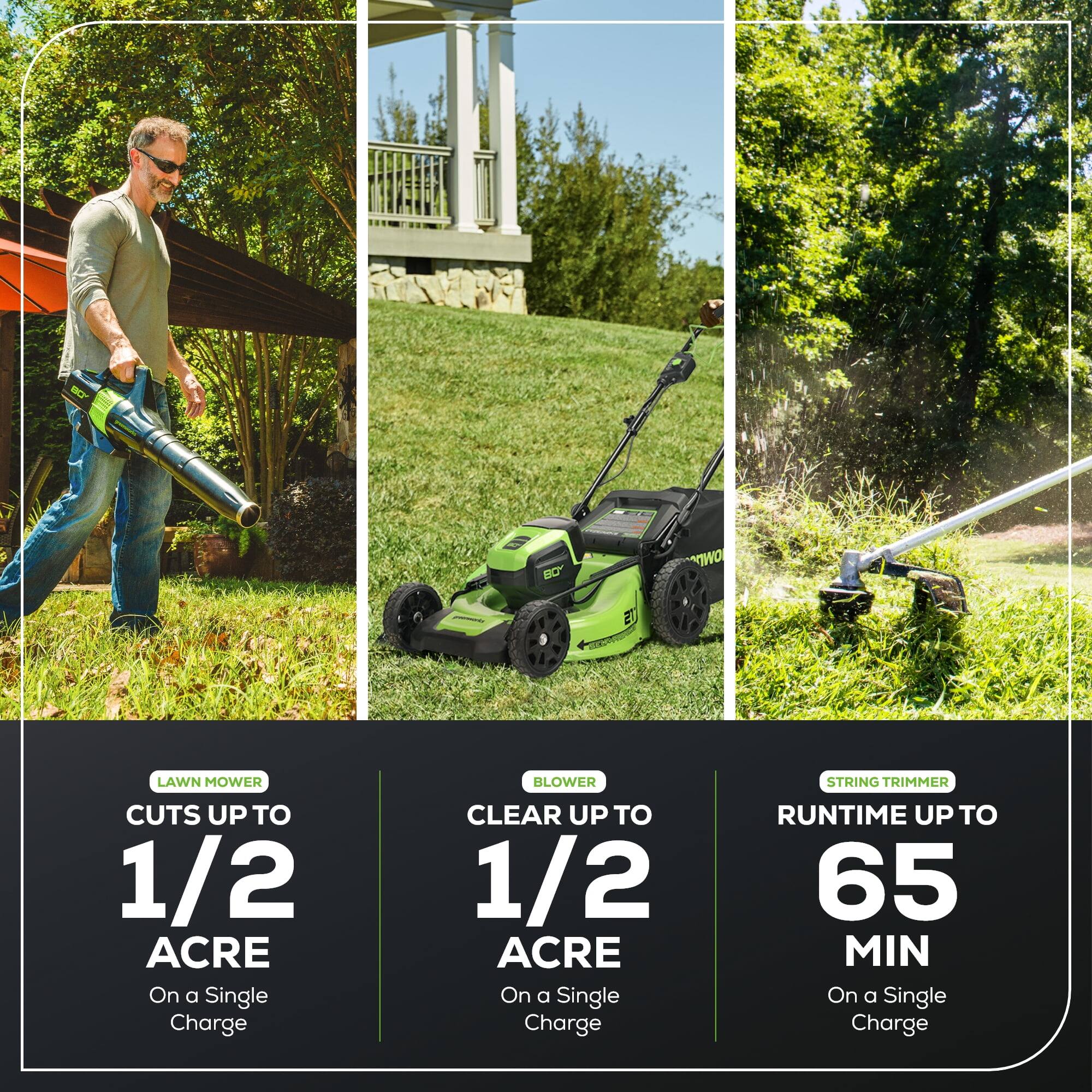 - **LAWN MOWER**
  - Cuts up to 1/2 Acre on a Single Charge

- **BLOWER**
  - Clears up to 1/2 Acre on a Single Charge

- **STRING TRIMMER**
  - Runtime up to 65 Min on a Single Charge