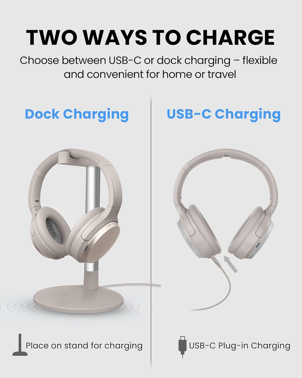 TWO WAYS TO CHARGE  
Choose between USB-C or dock charging – flexible and convenient for home or travel  

Dock Charging  
Place on stand for charging  

USB-C Charging  
USB-C Plug-in Charging