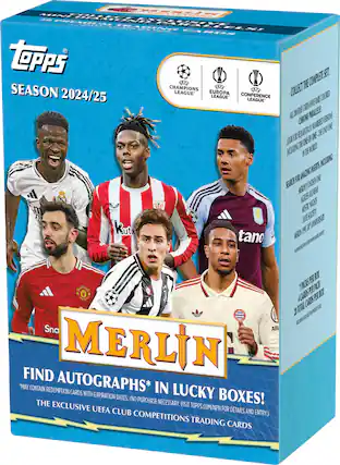 Sure, here is the corrected and grouped text from the image:
---
**Topps**
**SEASON 2024/25**
**MERLIN**
**FIND AUTOGRAPHS* IN LUCKY BOXES!**
*May contain redemption cards with expiration dates. (No purchase necessary. Visit topps.com/npn for details and entry.)
**The exclusive UEFA club competitions trading cards**
**May contain redemption autographs* cards in lucky boxes!**
**2024/25 LEAGUE EUROPA CONFERENCE LEAGUE LEAGUE**
**Collect the complete set!**
**All on-base cards have rare colored parallels!**
**Look for amazing inserts, including:**
- **Achilles Achille**
- **Justin Nights**
- **Blue Society**
- **Merlin 005/250 of 250**
**7 packs per box**
**4 cards per pack**
**28 total cards per box**
**May contain redemption autographs* cards in lucky boxes!**
**The exclusive UEFA club competitions trading cards**
**May contain redemption cards with expiration dates. (No purchase necessary. Visit topps.com/npn for details and entry.)**
---
This text is