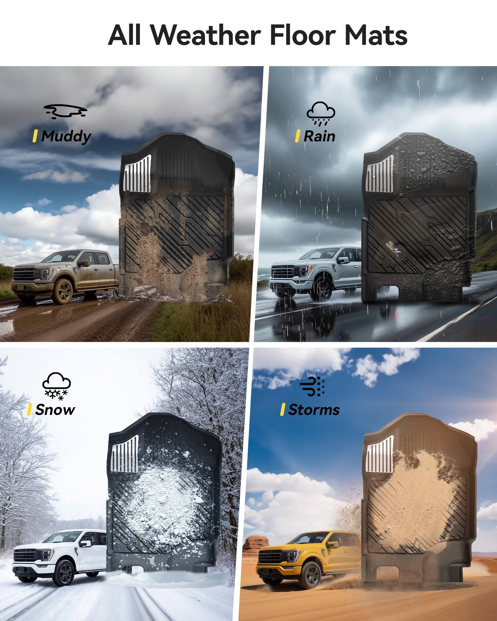 All Weather Floor Mats

- Muddy
- Rain
- Snow
- Storms