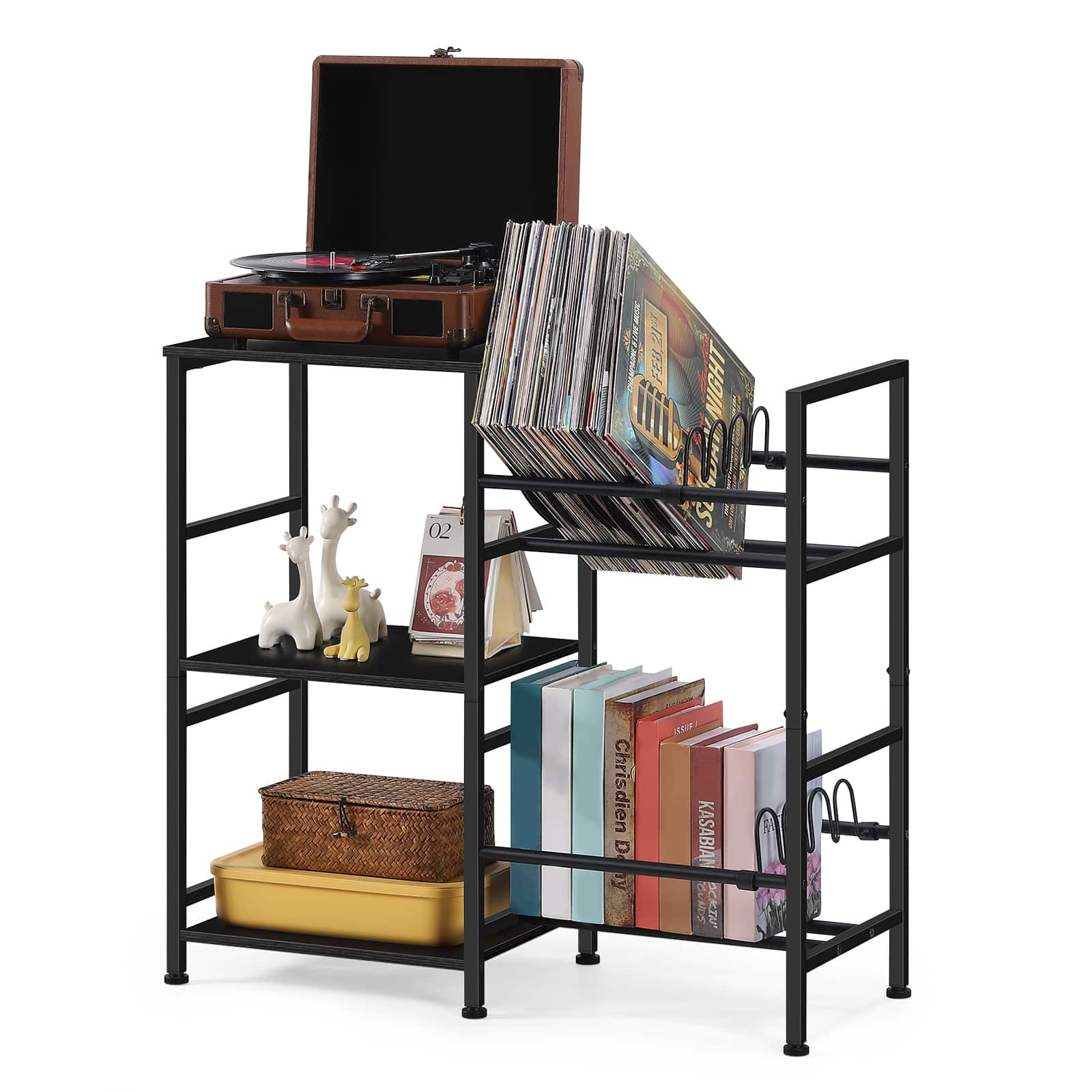 Oumilen - Multi-Tiered Storage Shelf with Vinyl Record Organizer - Black