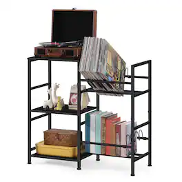 Oumilen - Multi-Tiered Storage Shelf with Vinyl Record Organizer - Black