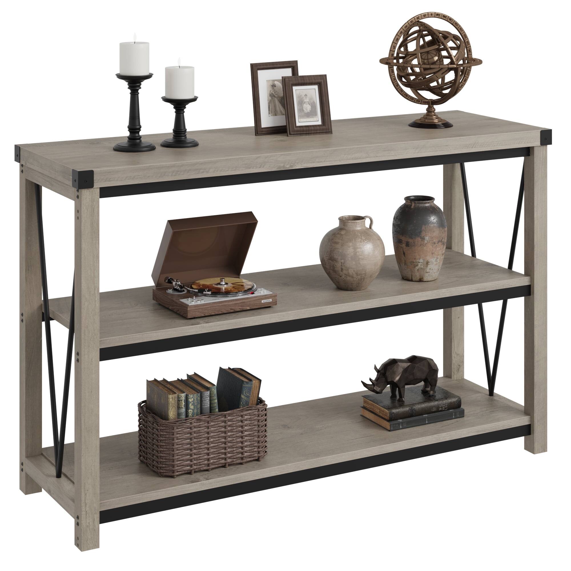 Front. Electrodes Masters - 47-Inch Narrow Console Table with 3-Tier Storage - Perfect for Living Room or Hallway, Grey - Gray.