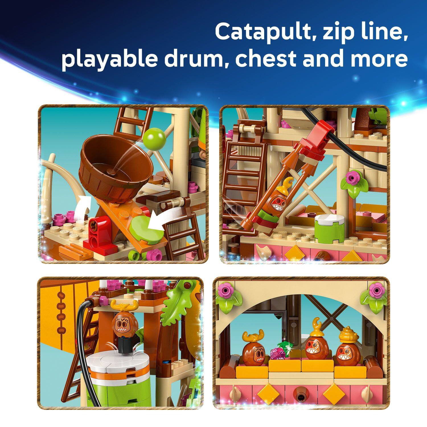 Catapult, zip line, playable drum, chest and more.