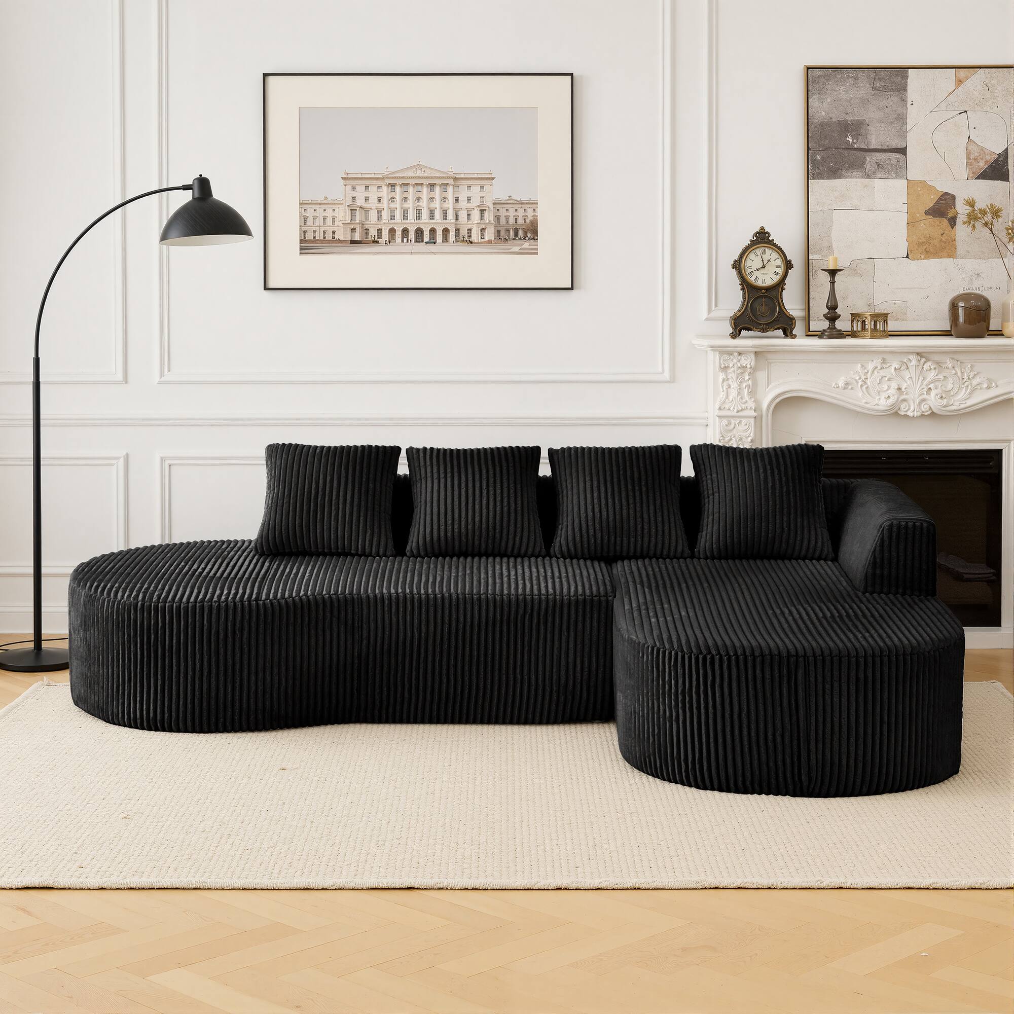 Alt View 2. Meqiodas - Curved Sectional Sofa with Chaise, Modern Luxury Corduroy Cloud Modular Couch with Deep Seat, No Assembly Required - Black.