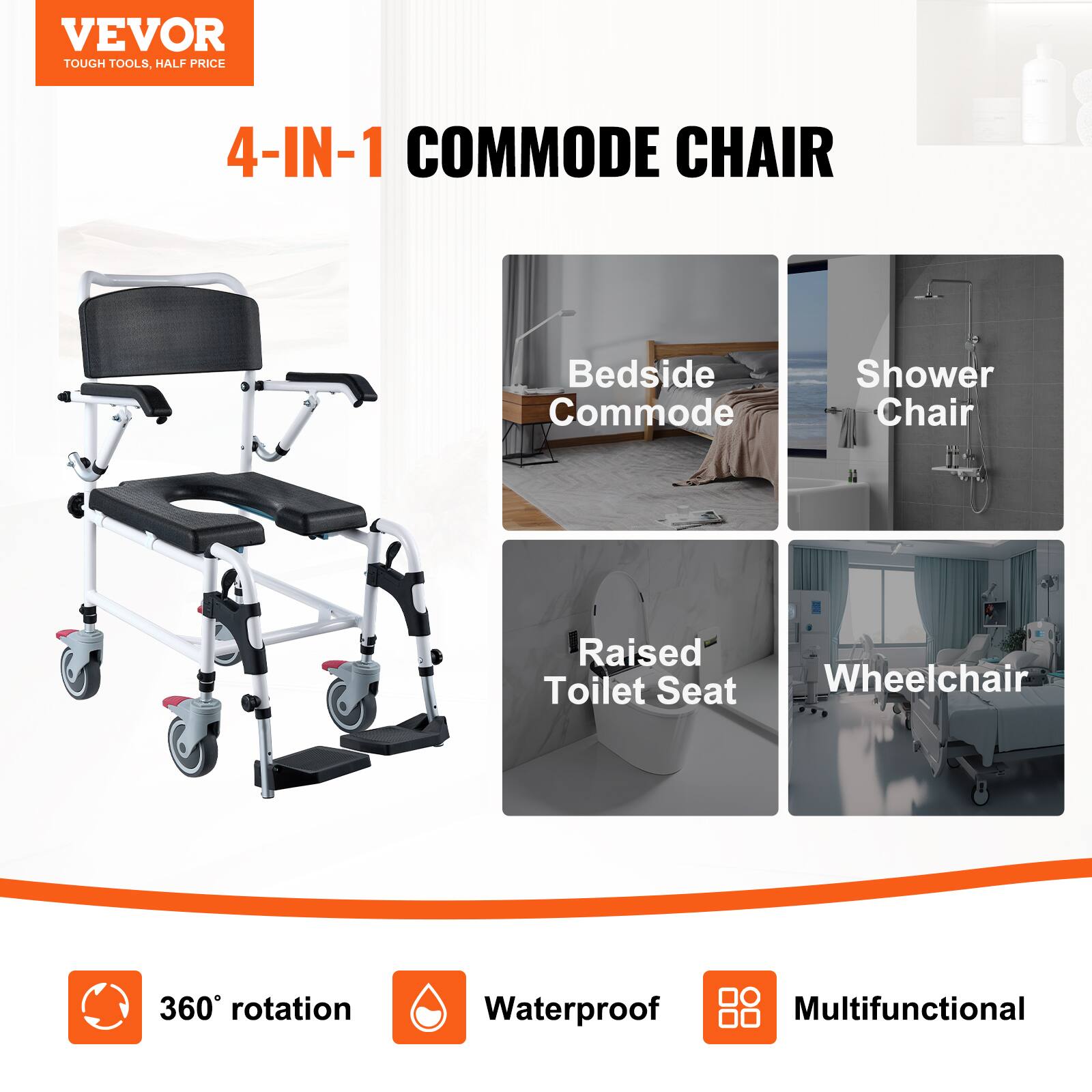 VEVOR TOUGH TOOLS. HALF PRICE 4-IN-1 COMMODE CHAIR
Bedside Commode
Shower Chair
Raised Toilet Seat
Wheelchair
360 rotation
Waterproof
Multifunctional