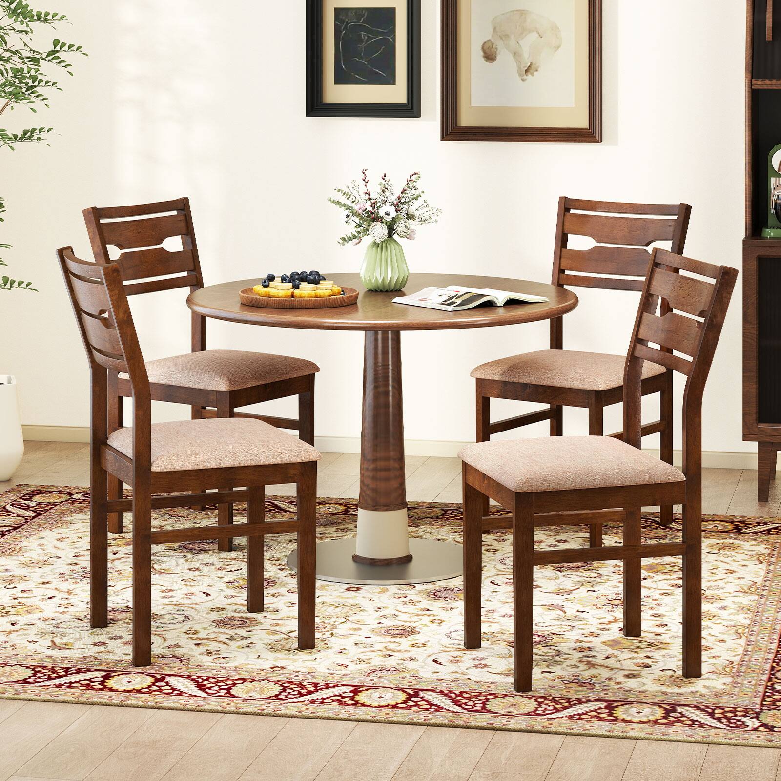 Alt View 4. Gymax - Gymax Dining Chair Set of 4 w/ Rubber Wood Frame Padded Seat Curved Backrest - Brown.