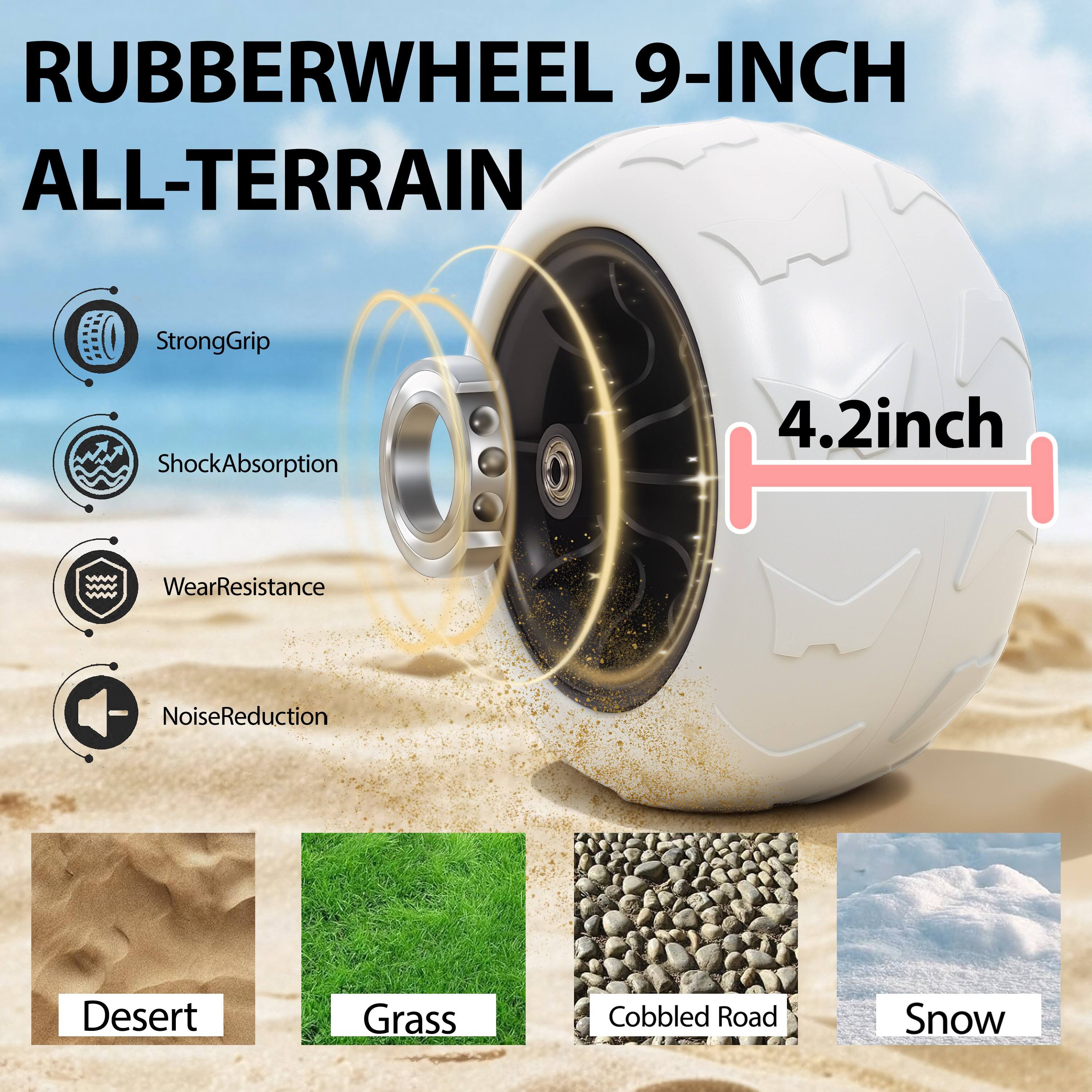 RUBBERWHEEL 9-INCH ALL-TERRAIN

- StrongGrip
- ShockAbsorption
- WearResistance
- NoiseReduction

4.2inch

Desert
Grass
Cobbled Road
Snow