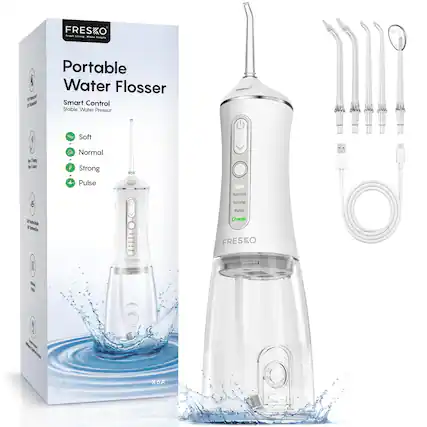 FRESKO Frass Lewing ... Sate g 1 Be Portable Water Flosser Smart Control Stable Water Pressure Soft Normal Strong Pulse Soft Normal Strong Pulse 2 Charge - - - FRESKO ERESEE f X6A