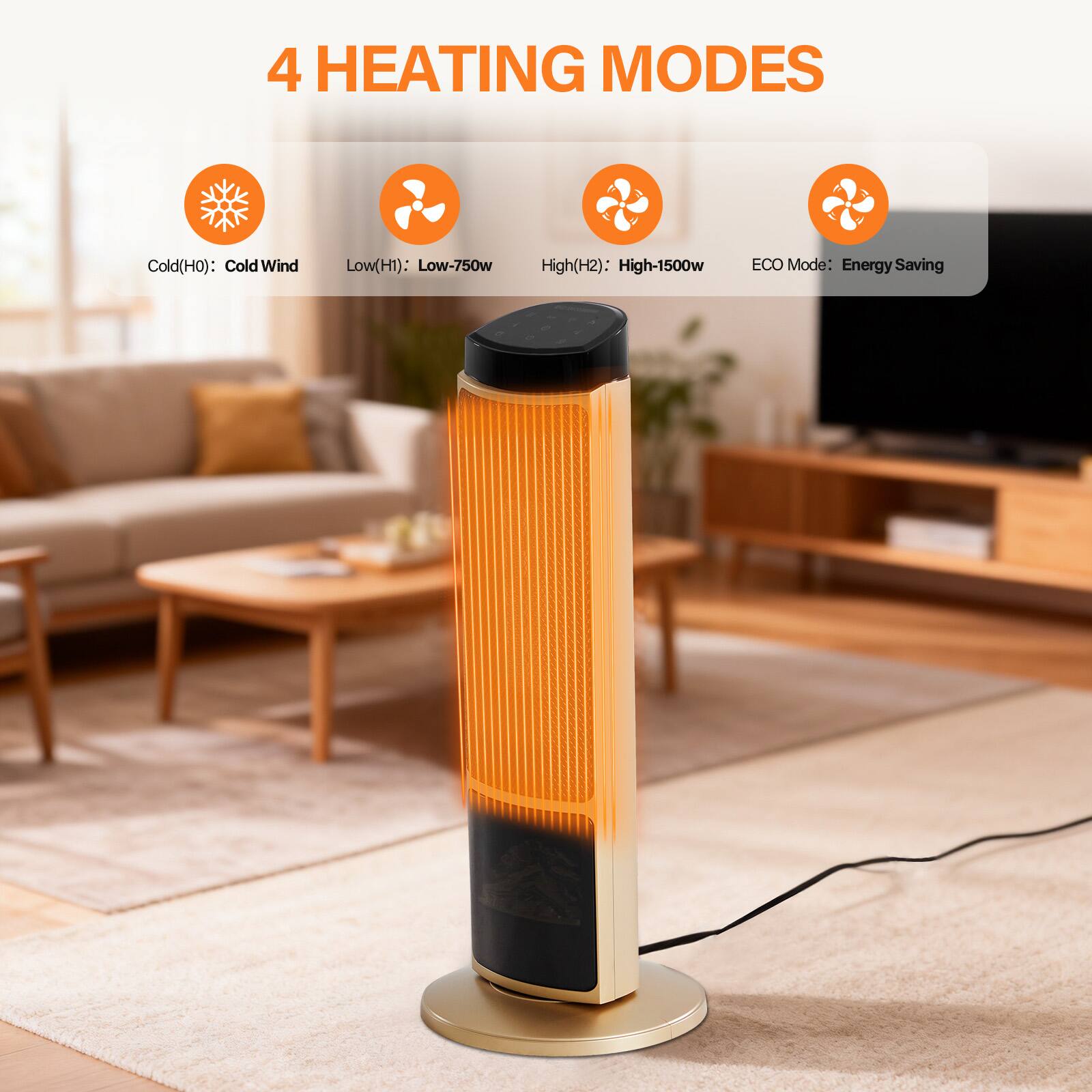 4 HEATING MODES

- Cold(H0): Cold Wind
- Low(H1): Low-750w
- High(H2): High-1500w
- ECO Mode: Energy Saving