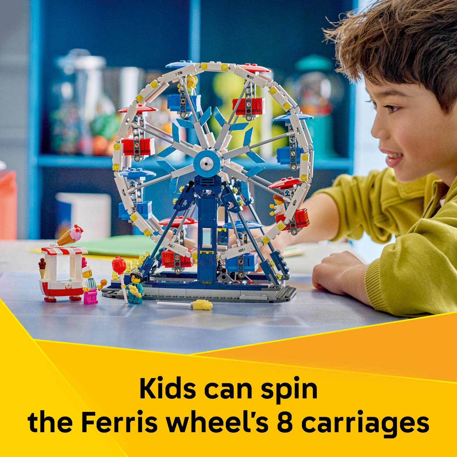 Kids can spin the Ferris wheel's 8 carriages