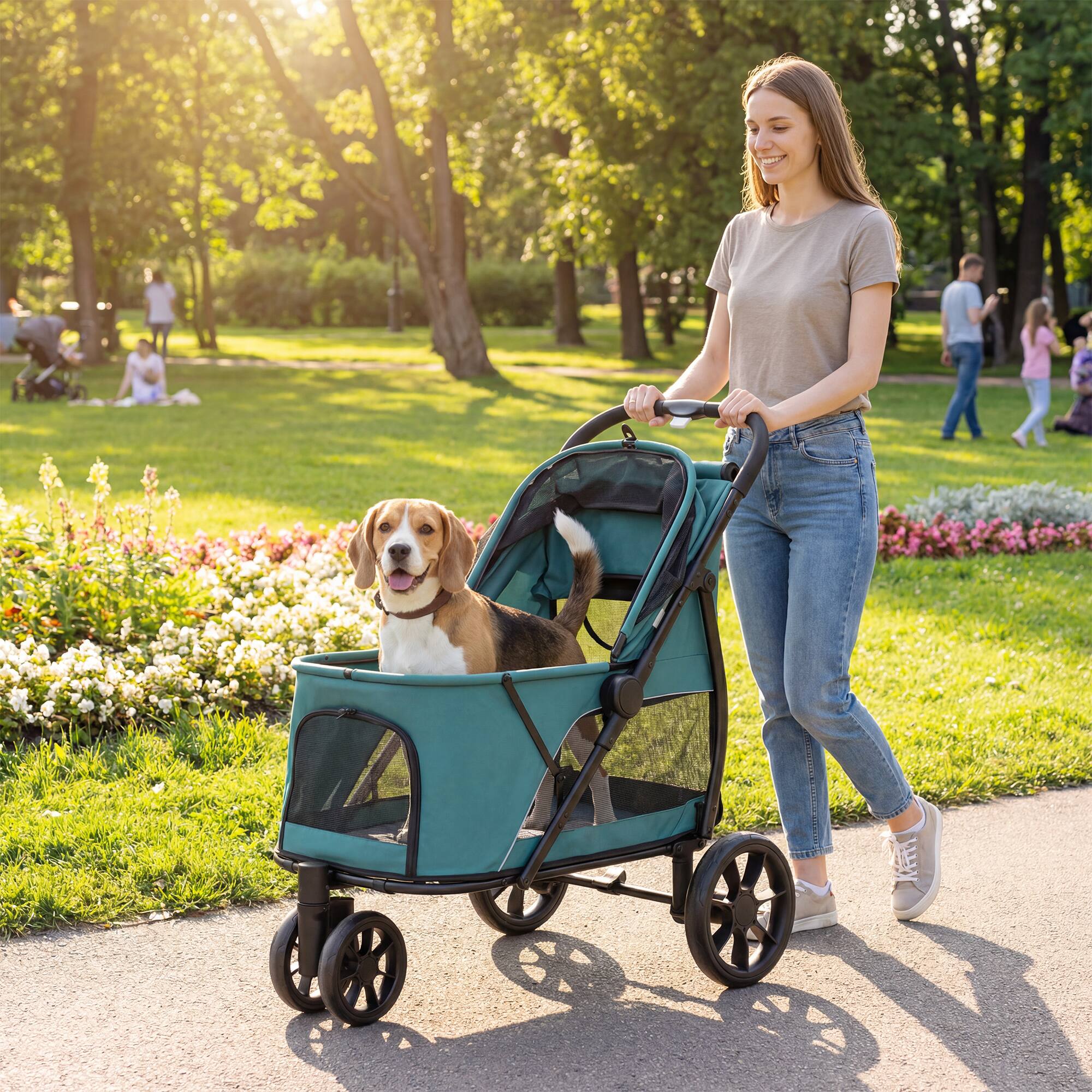Alt View 1. Pawhut - Wheel Pet Stroller with Easy One-Click Quick Fold, Mesh Window, Washable Cushion, for Medium Dogs - Dark Green.
