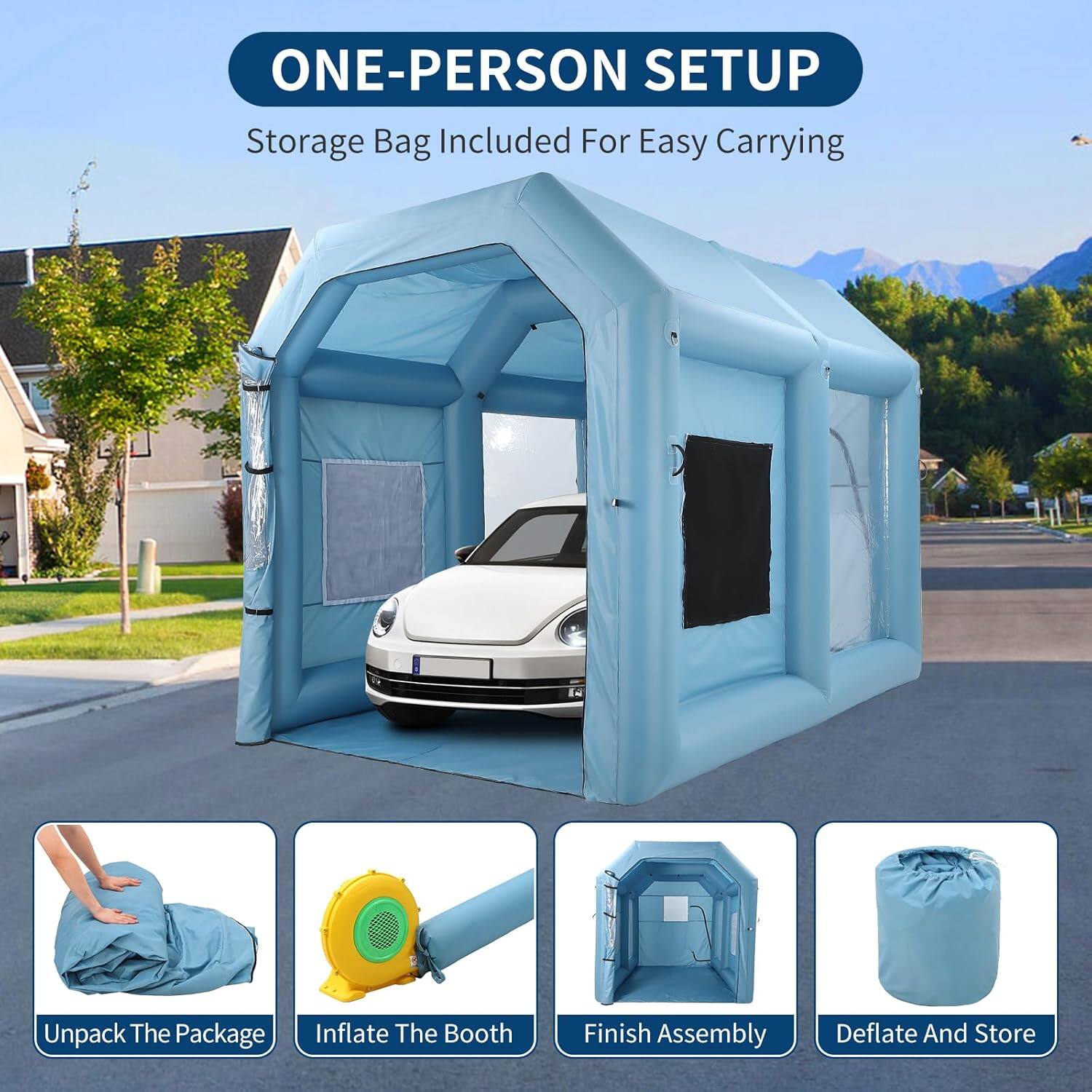 ONE-PERSON SETUP  
Storage Bag Included For Easy Carrying  

Unpack The Package  
Inflate The Booth  
Finish Assembly  
Deflate And Store