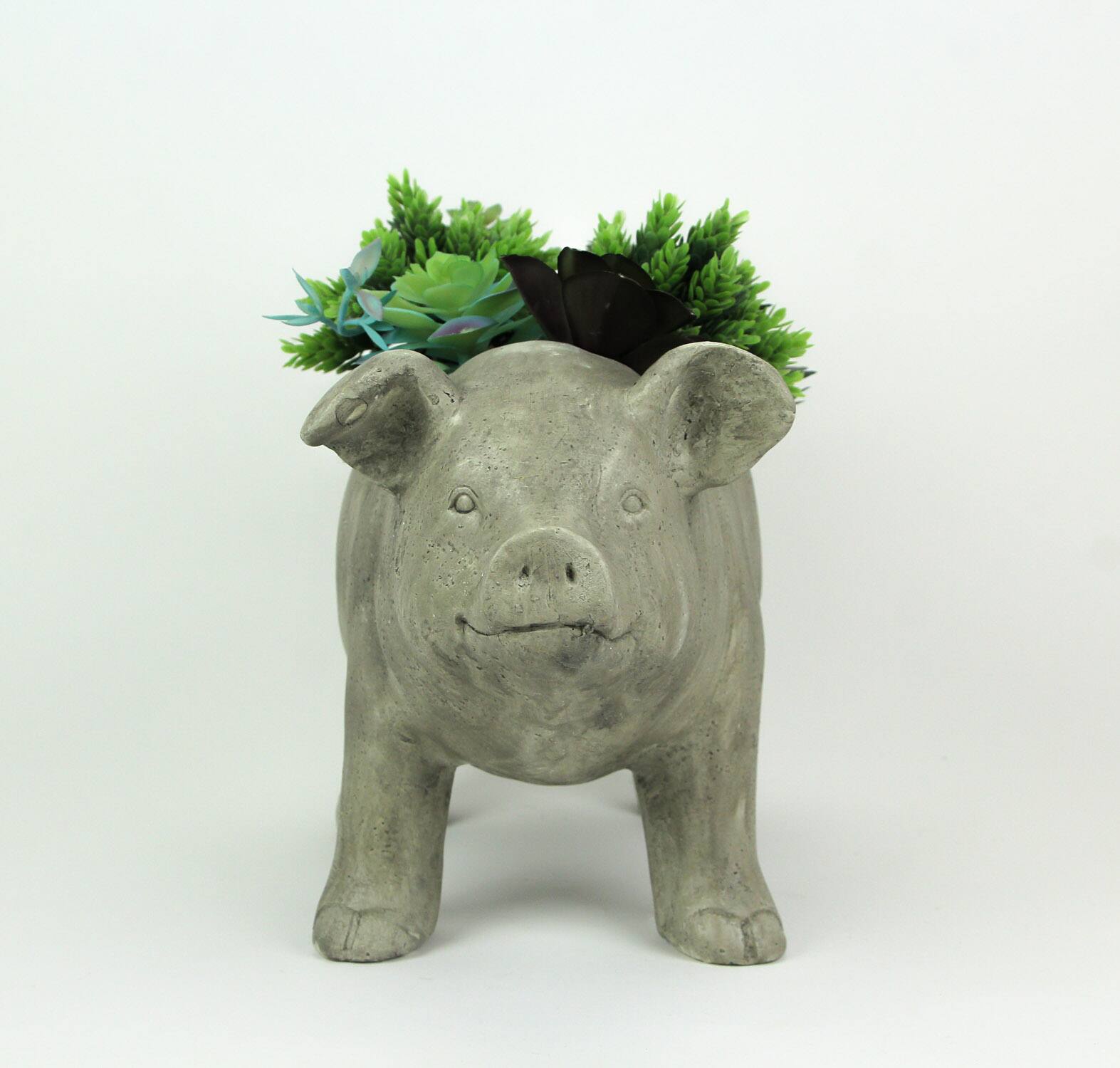 Alt View 2. Zeckos - 17 Inch Long Weathered Gray Finish Smiling Pig Planter - Grey.